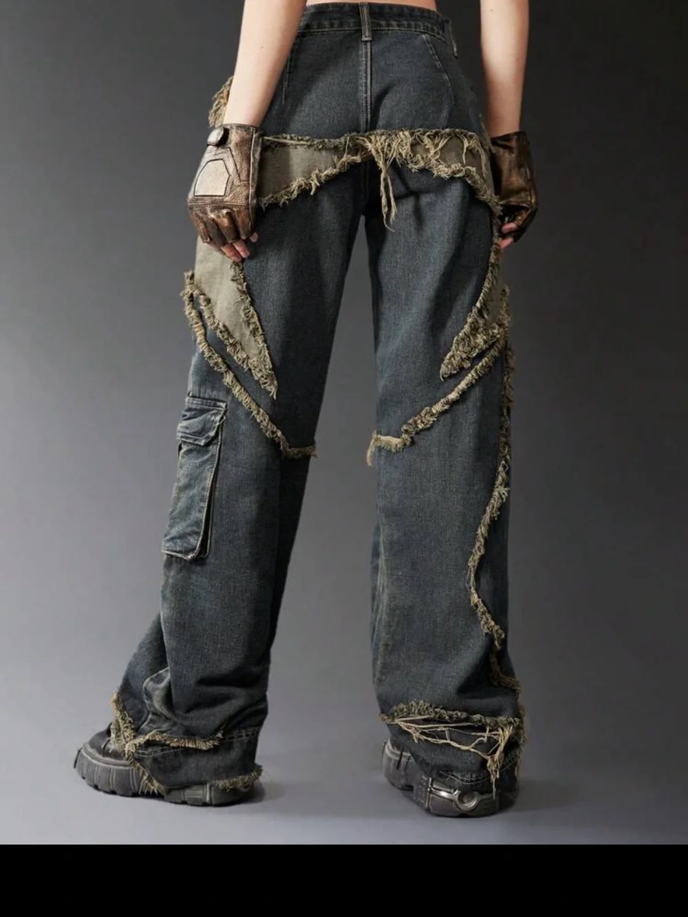 SHEIN Two-Tone Black & Olive Distressed Cargo Jeans for Men